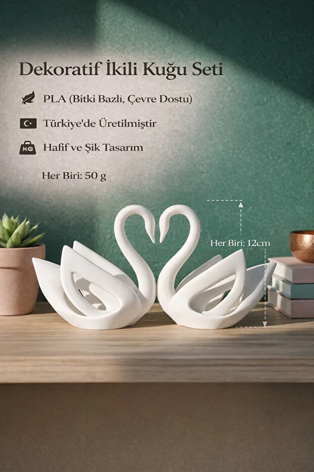 Dekoratif İkili Kuğu Seti – PLA Çevre Dostu Minimal Modern Biblo